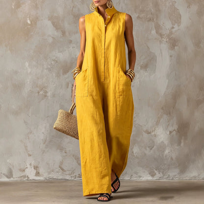 Sleeveless Linen Blend Wide-Leg Jumpsuit with Stand Collar