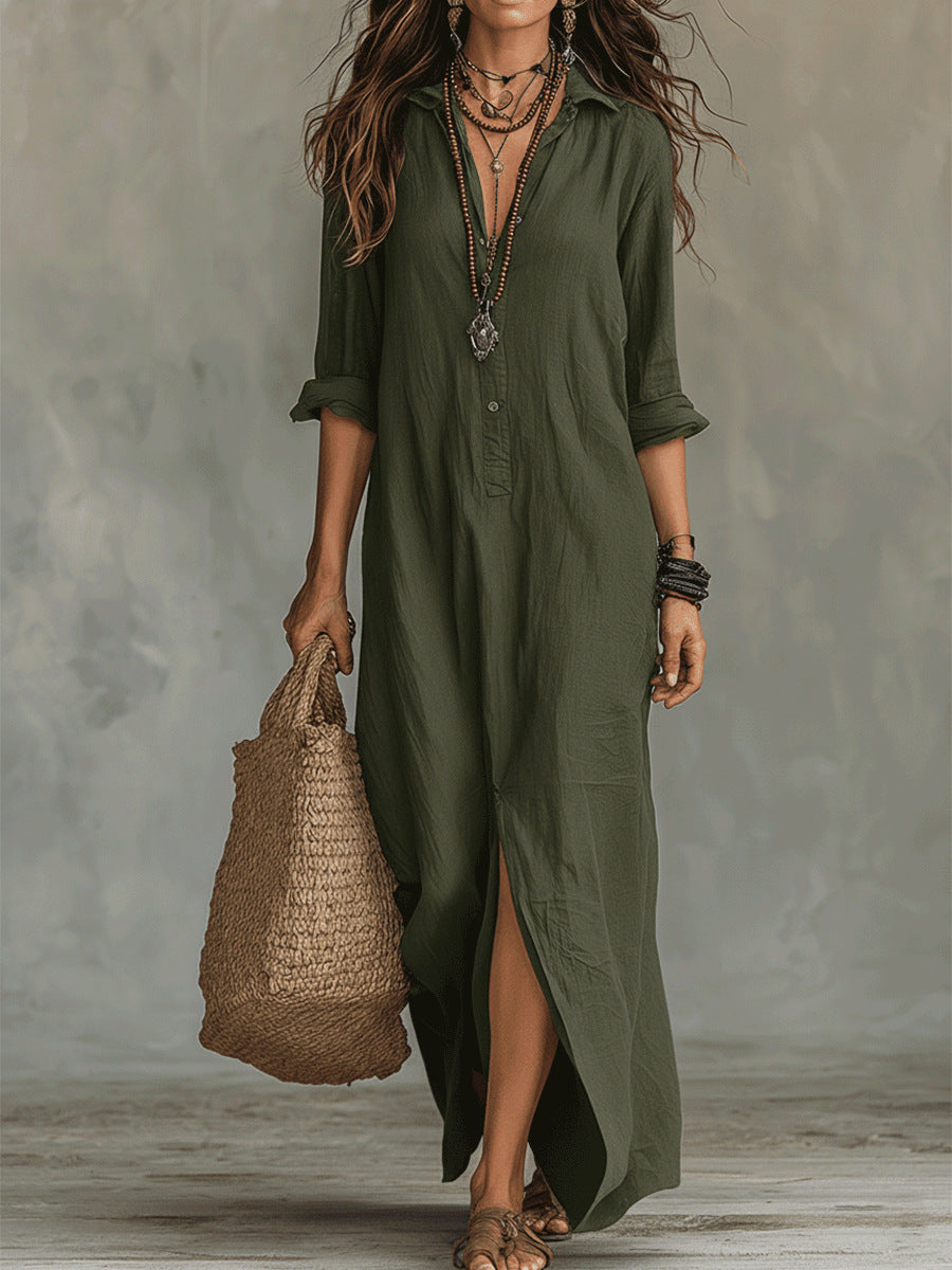 Casual Solid Color Lapel Front Slit Long Dress