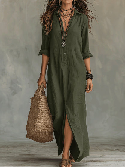 Casual Solid Color Lapel Front Slit Long Dress
