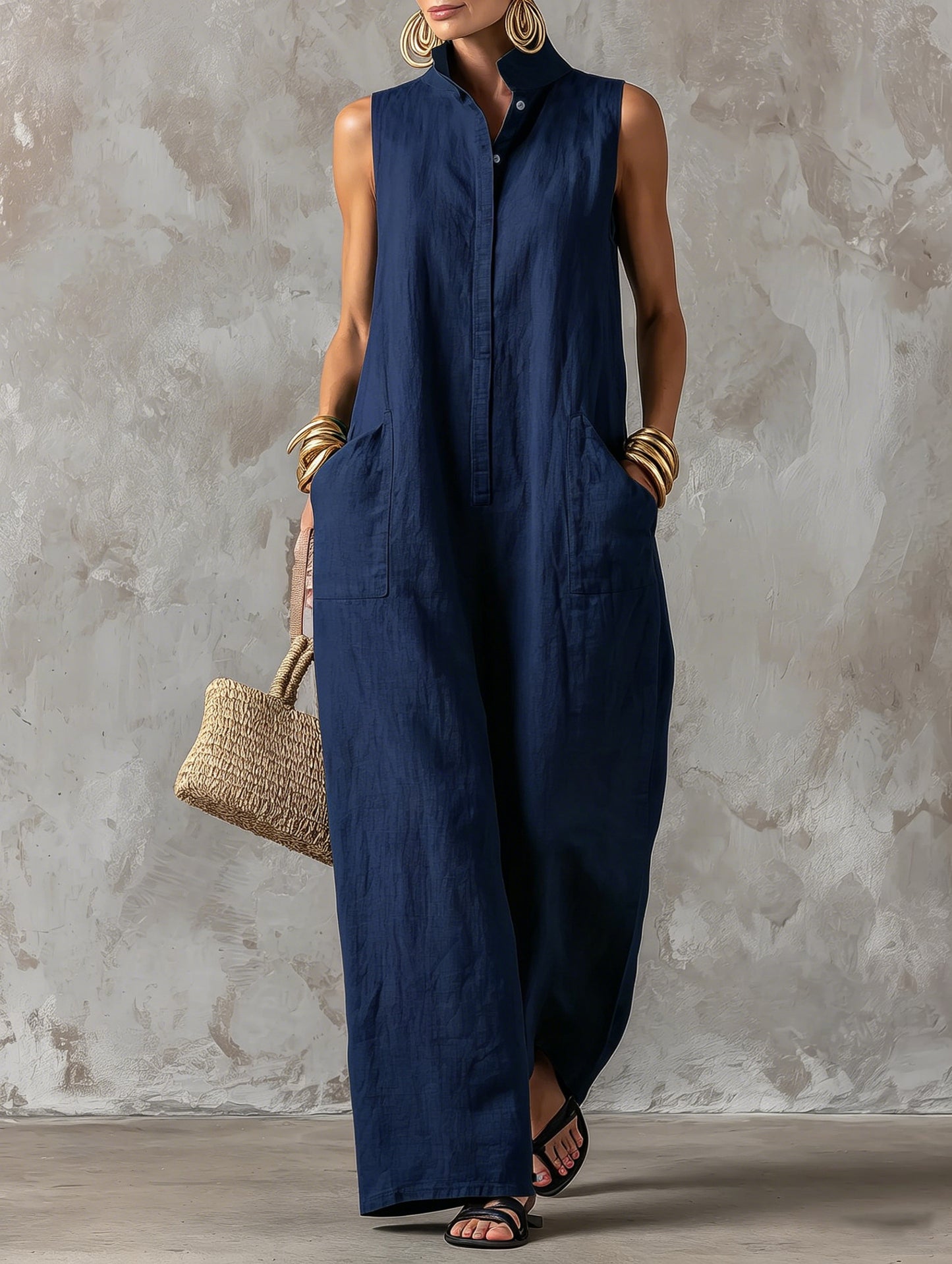 Sleeveless Linen Blend Wide-Leg Jumpsuit with Stand Collar