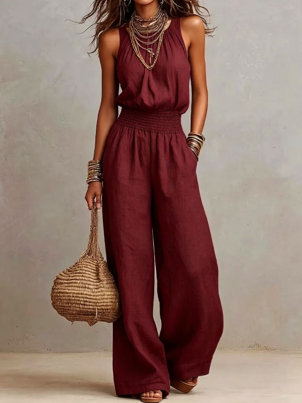 Solid-color sleeveless wide-leg jumpsuit
