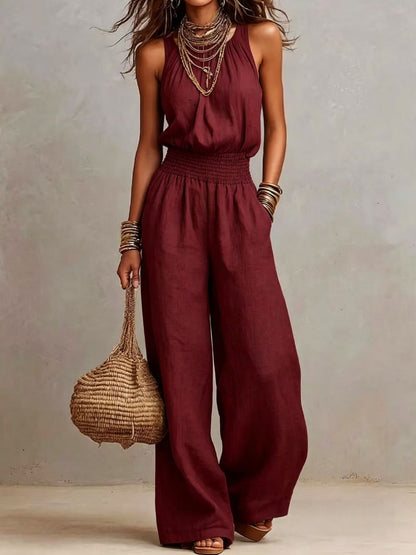 Solid-color sleeveless wide-leg jumpsuit