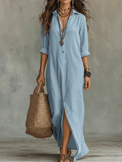 Casual Solid Color Lapel Front Slit Long Dress