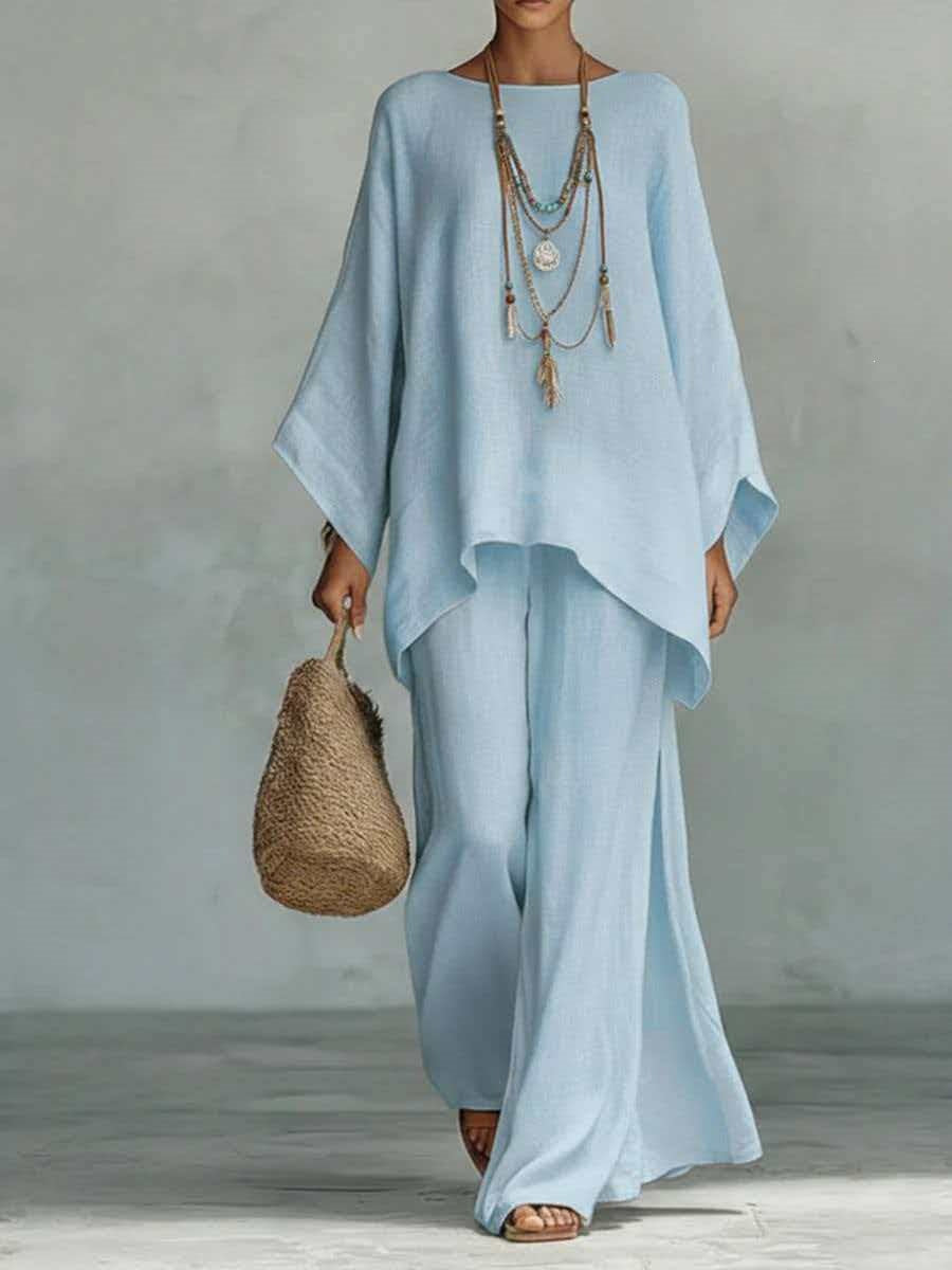 Womens Elegant Loose Cotton Linen Top Wide Leg Pants Casual Set