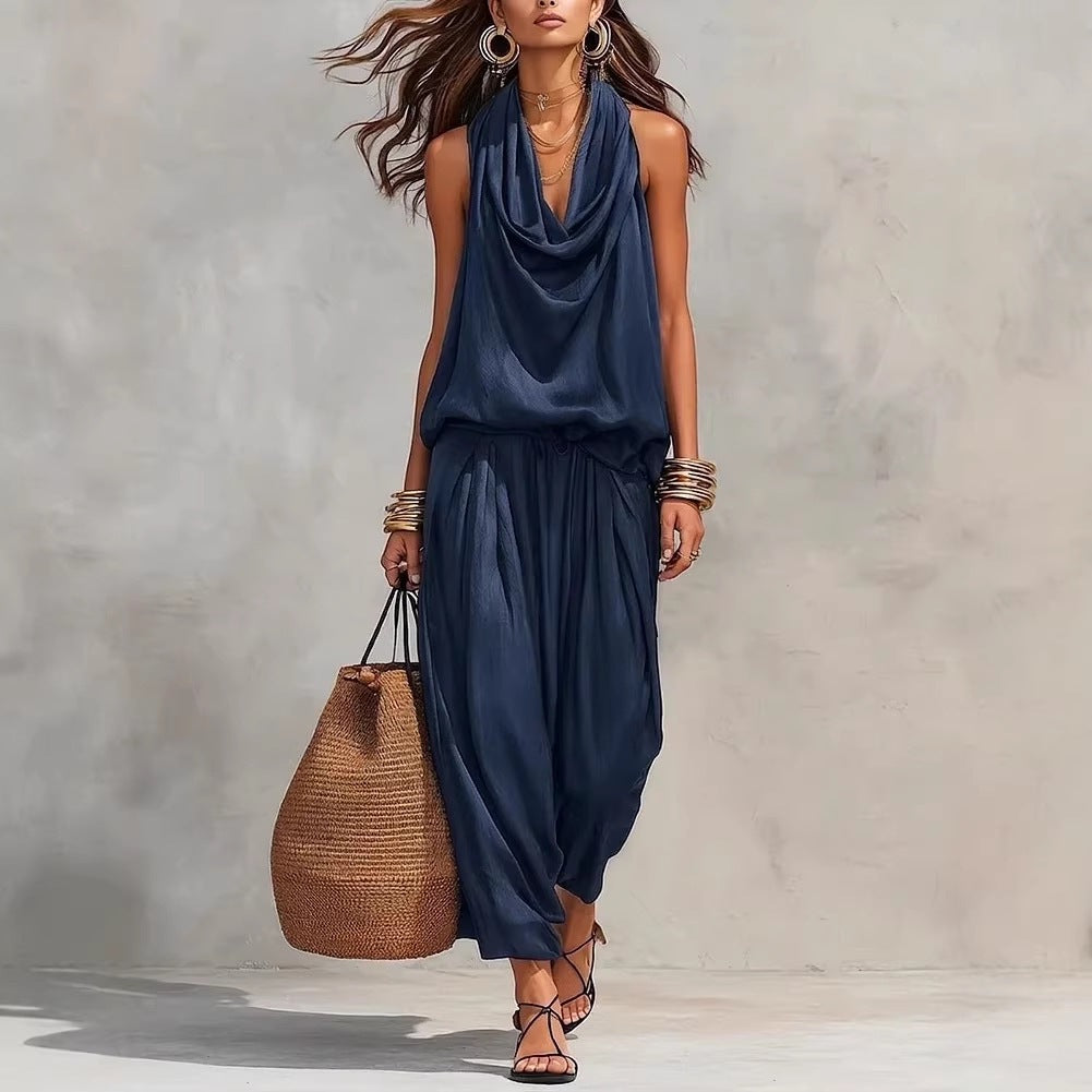 Women's Elegant Workwear Draped Collar Vest and Casual Pants Set