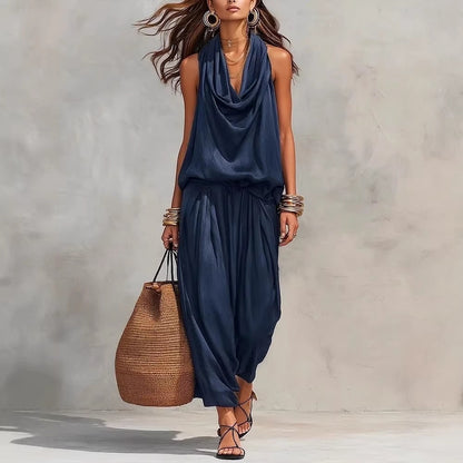 Women's Elegant Workwear Draped Collar Vest and Casual Pants Set
