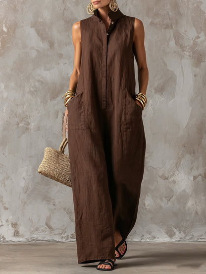 Sleeveless Linen Blend Wide-Leg Jumpsuit with Stand Collar