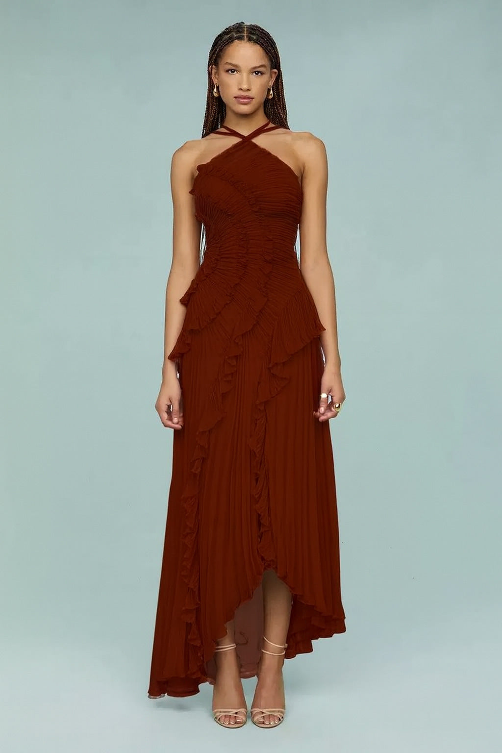 Pleated Halter Neck Backless Dress