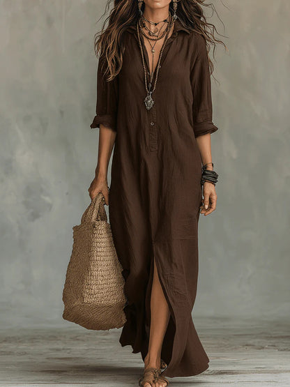 Casual Solid Color Lapel Front Slit Long Dress