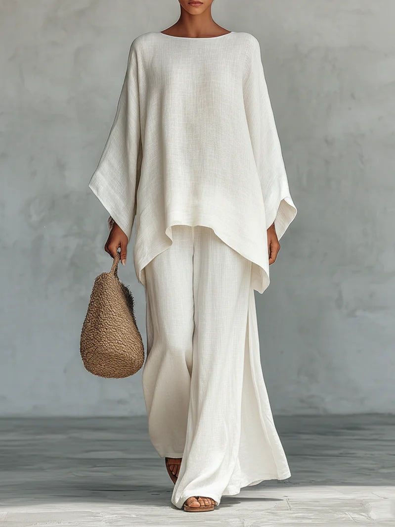 Womens Elegant Loose Cotton Linen Top Wide Leg Pants Casual Set