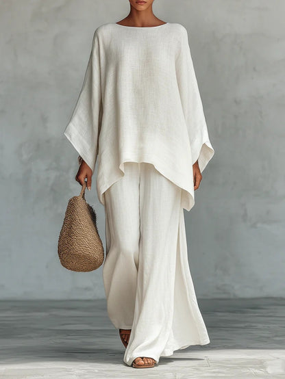 Womens Elegant Loose Cotton Linen Top Wide Leg Pants Casual Set