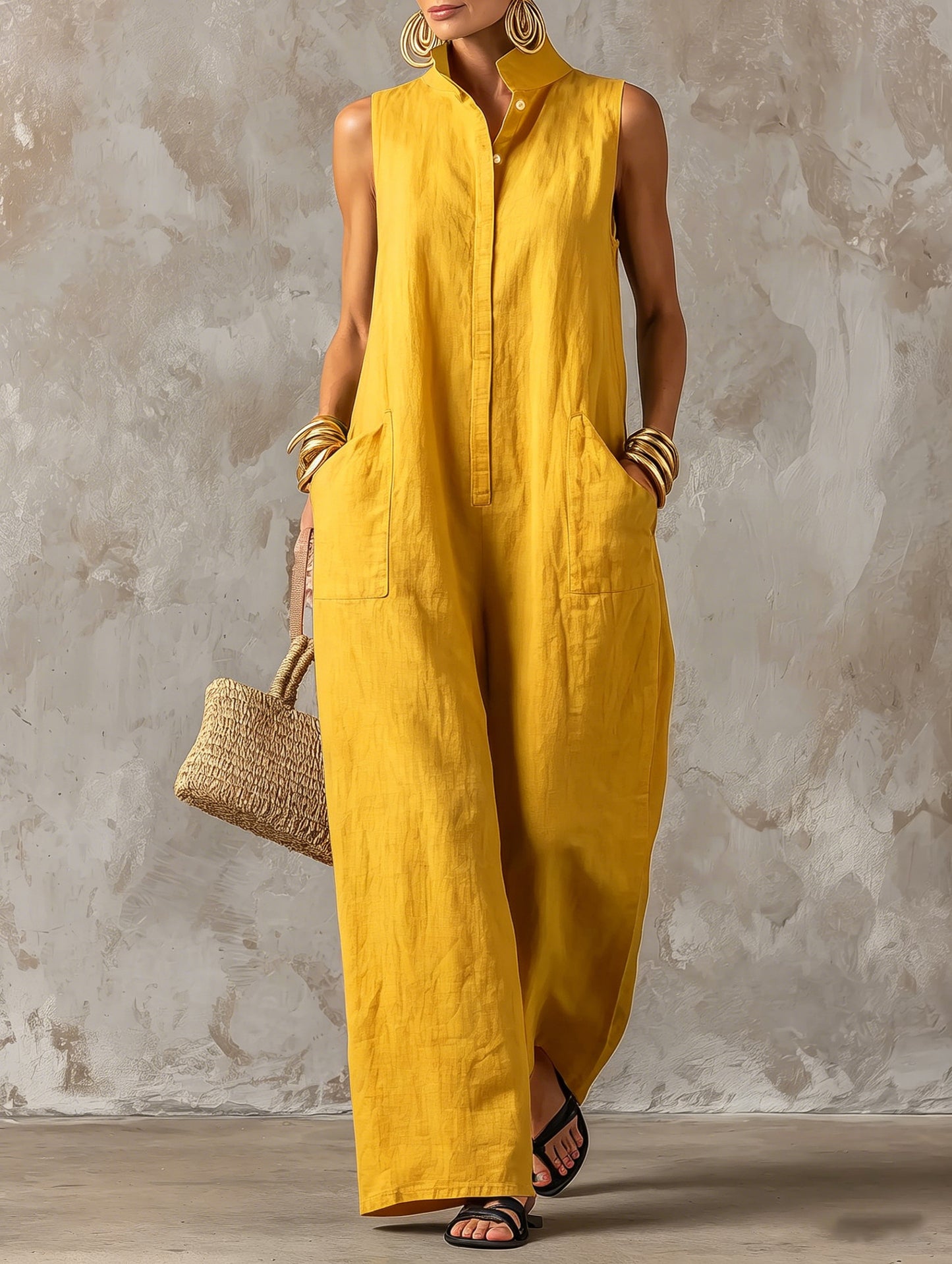 Sleeveless Linen Blend Wide-Leg Jumpsuit with Stand Collar