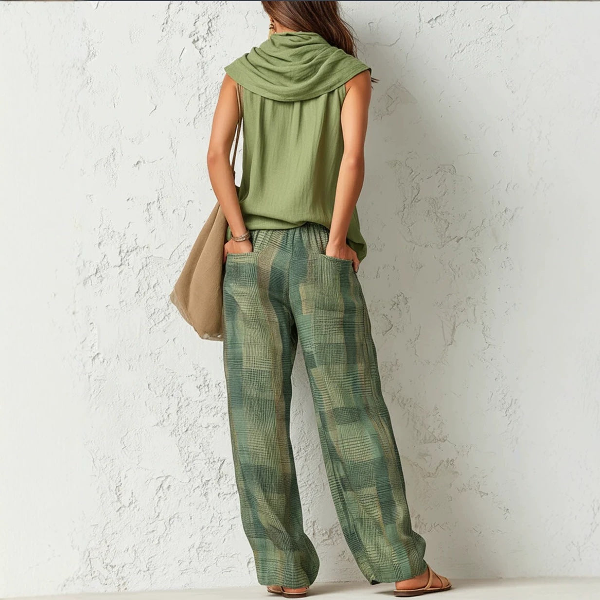 Women's Retro Sleeveless Top and Plaid Pants Set
