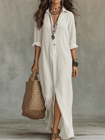 Casual Solid Color Lapel Front Slit Long Dress