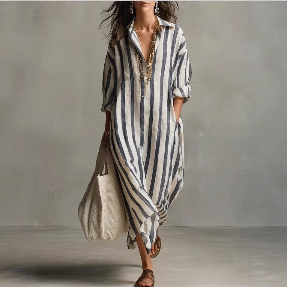 Casual Striped Shirt Bohemian Style Long Skirt