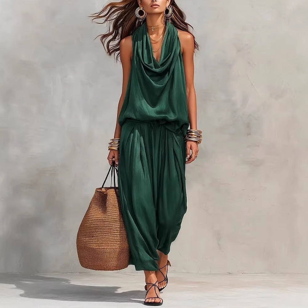 Women's Elegant Workwear Draped Collar Vest and Casual Pants Set