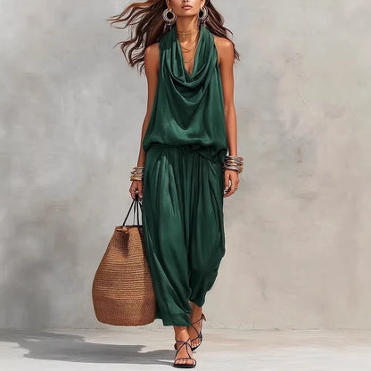 Women's Elegant Workwear Draped Collar Vest and Casual Pants Set