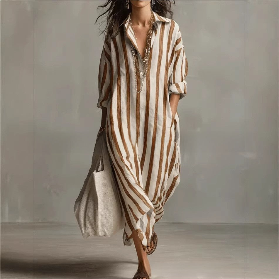 Casual Striped Shirt Bohemian Style Long Skirt