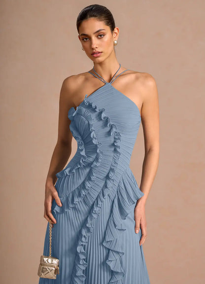 Pleated Halter Neck Backless Dress