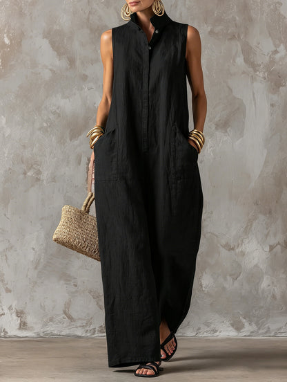 Sleeveless Linen Blend Wide-Leg Jumpsuit with Stand Collar