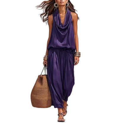 Women's Elegant Workwear Draped Collar Vest and Casual Pants Set
