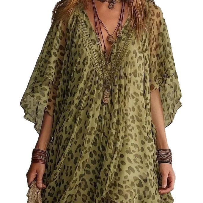 Vestido de chiffon con estampado de leopardo, de corte amplio y fluido, escote en V