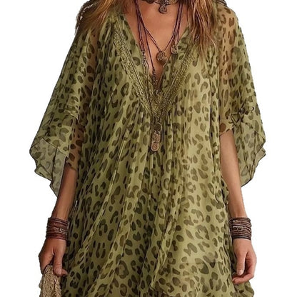 Vestido de chiffon con estampado de leopardo, de corte amplio y fluido, escote en V