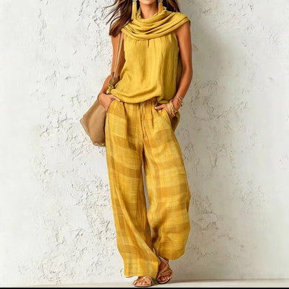 Women's Retro Sleeveless Top and Plaid Pants Set