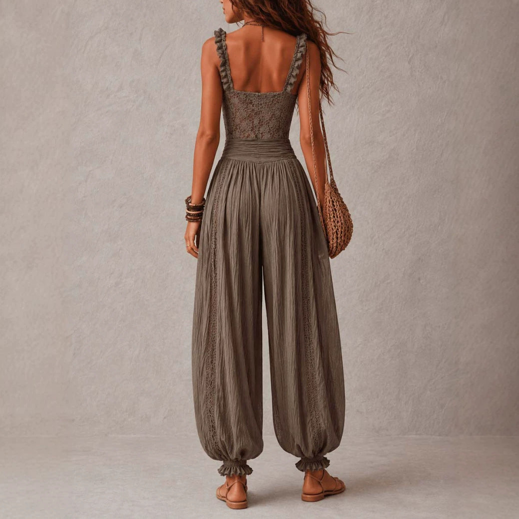 Conjunto de bandeau de encaje gris y pantalones harem de algod�n plisados