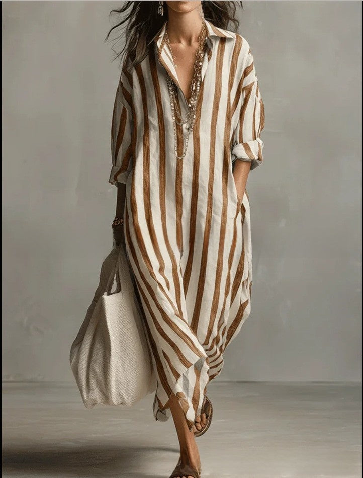 Casual Striped Shirt Bohemian Style Long Skirt