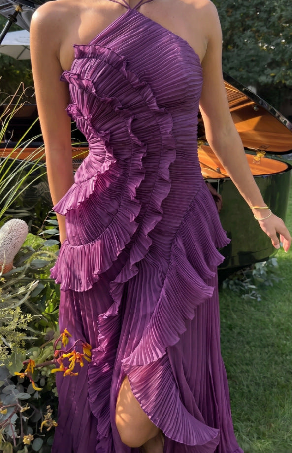 Pleated Halter Neck Backless Dress