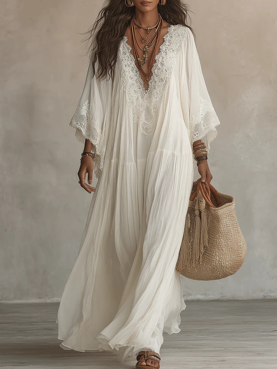 Vestido largo de blanco con escote en V