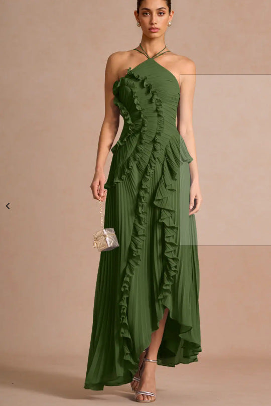 Pleated Halter Neck Backless Dress