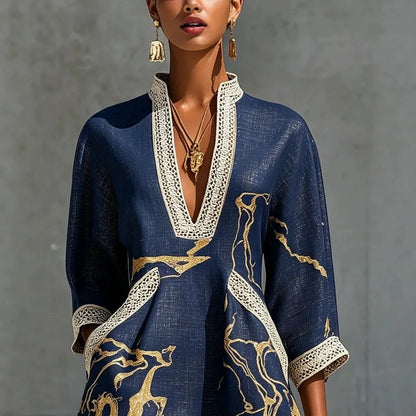 Donatella - Minivestido Elegante con Estampado de Mármol Dorado y Encaje
