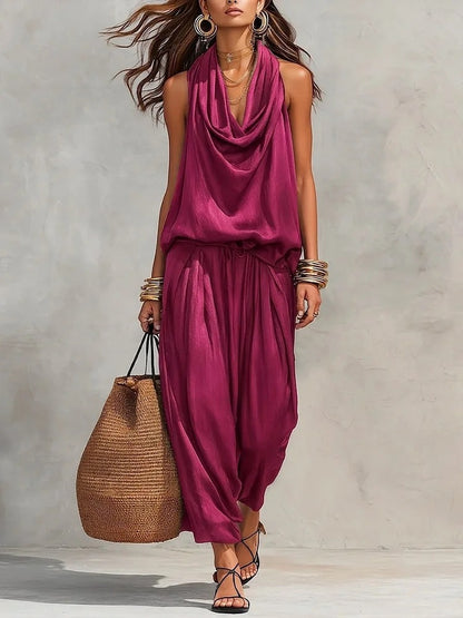 Women's Elegant Workwear Draped Collar Vest and Casual Pants Set