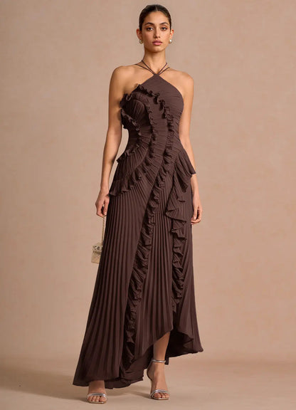 Pleated Halter Neck Backless Dress
