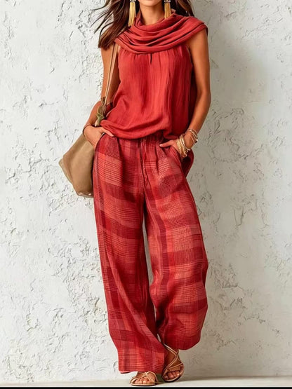Women's Retro Sleeveless Top and Plaid Pants Set