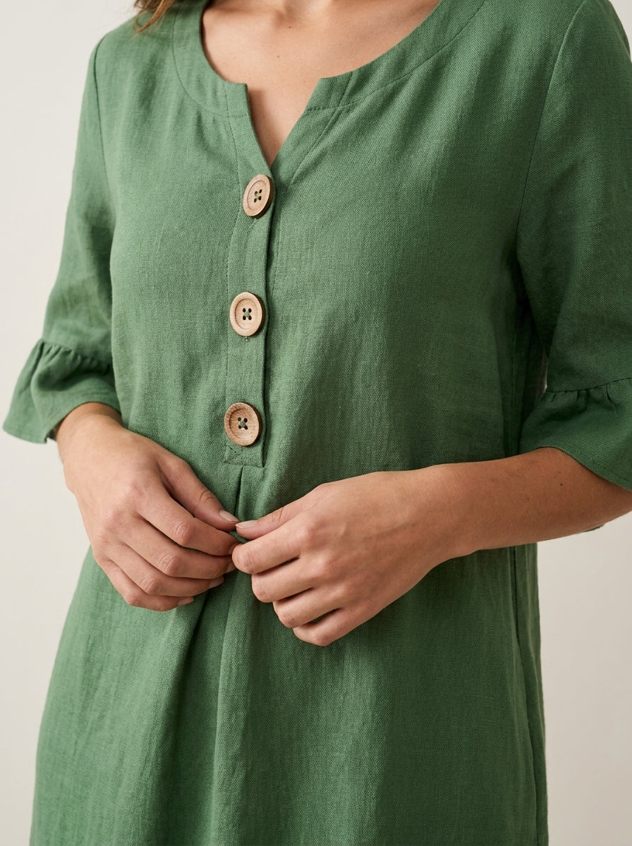 Vanesa - Vestido con Textura de Lino con Manga Abullonada y Botones