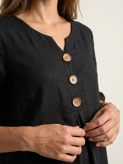 Vanesa - Vestido con Textura de Lino con Manga Abullonada y Botones