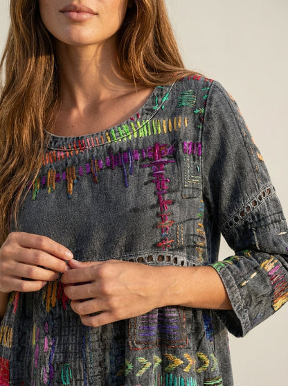Manuela - Vestido Denim con Patchwork Étnico