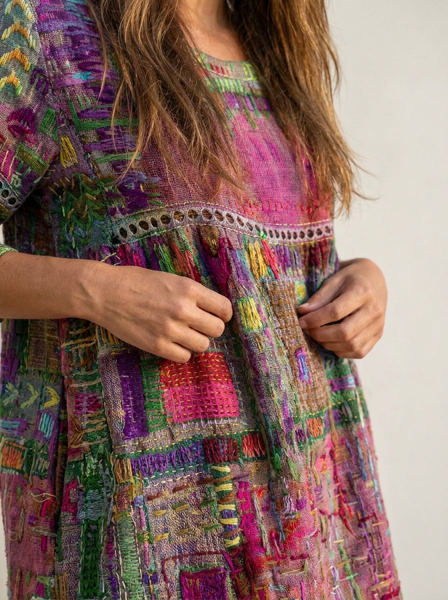 Manuela - Vestido Denim con Patchwork Étnico