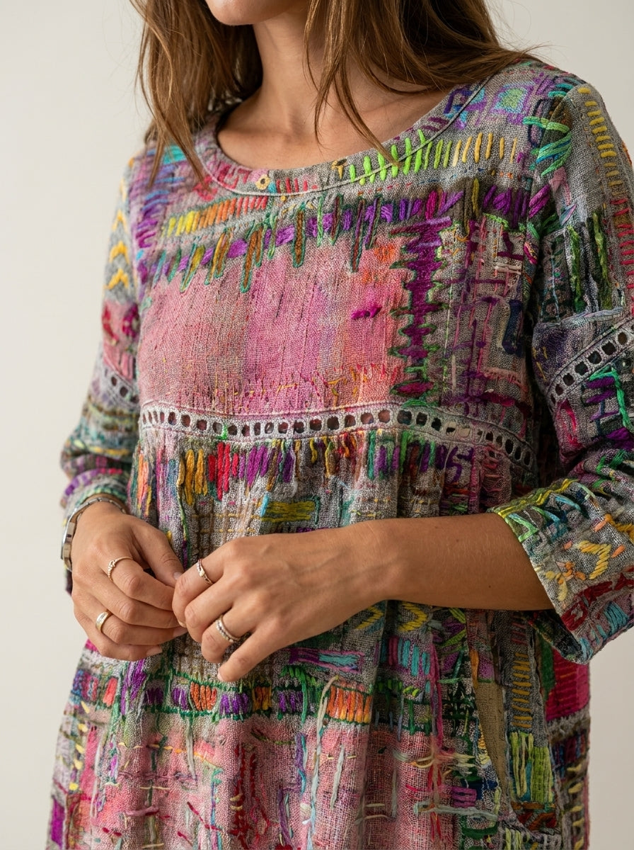 Manuela - Vestido Denim con Patchwork Étnico