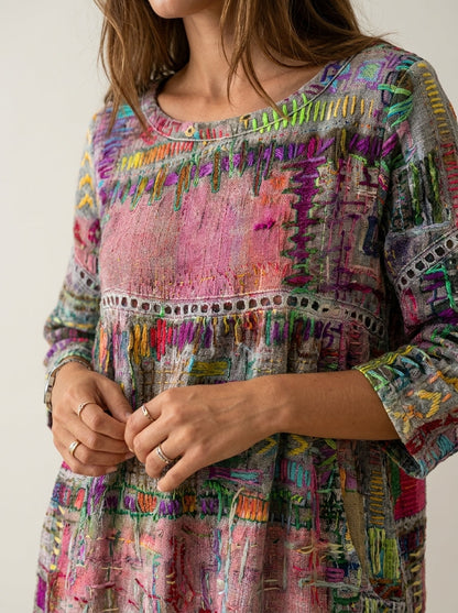 Manuela - Vestido Denim con Patchwork Étnico