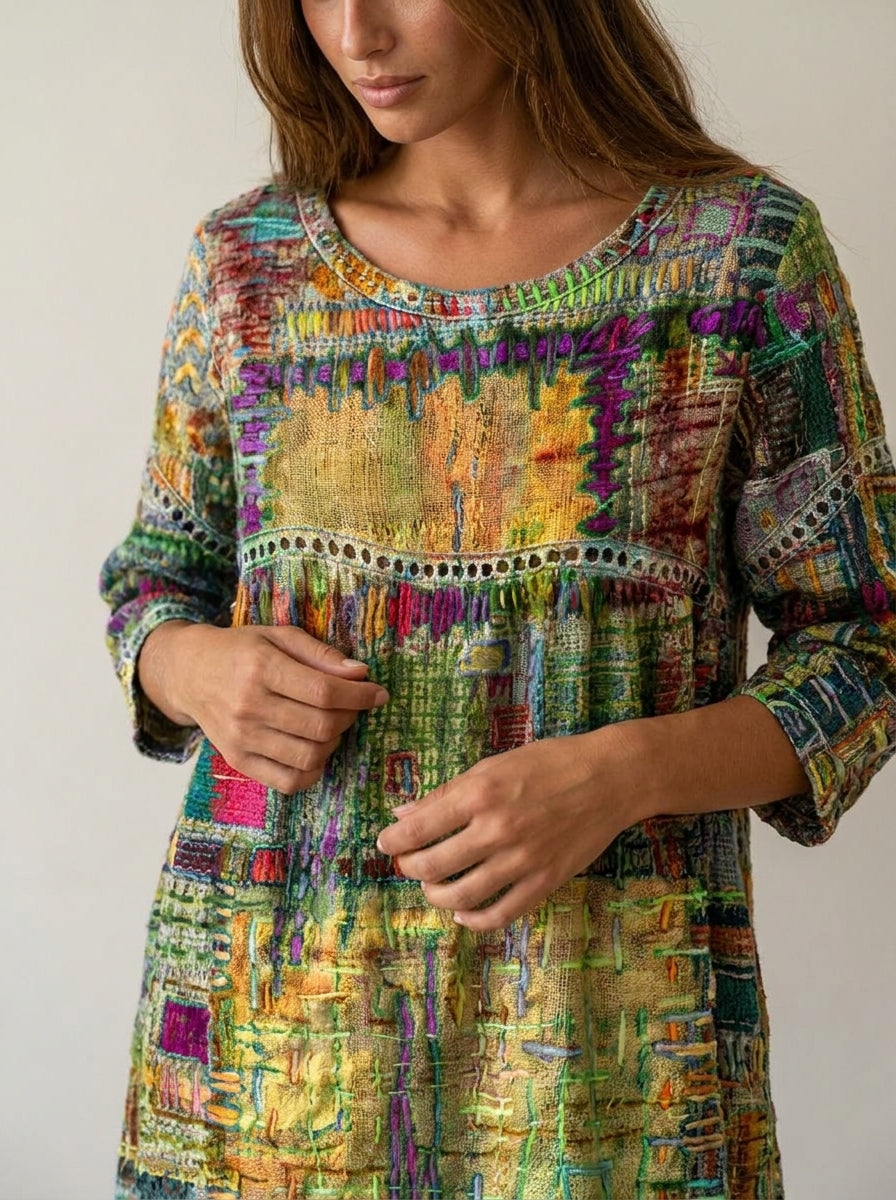 Manuela - Vestido Denim con Patchwork Étnico