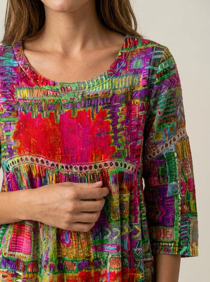 Manuela - Vestido Denim con Patchwork Étnico
