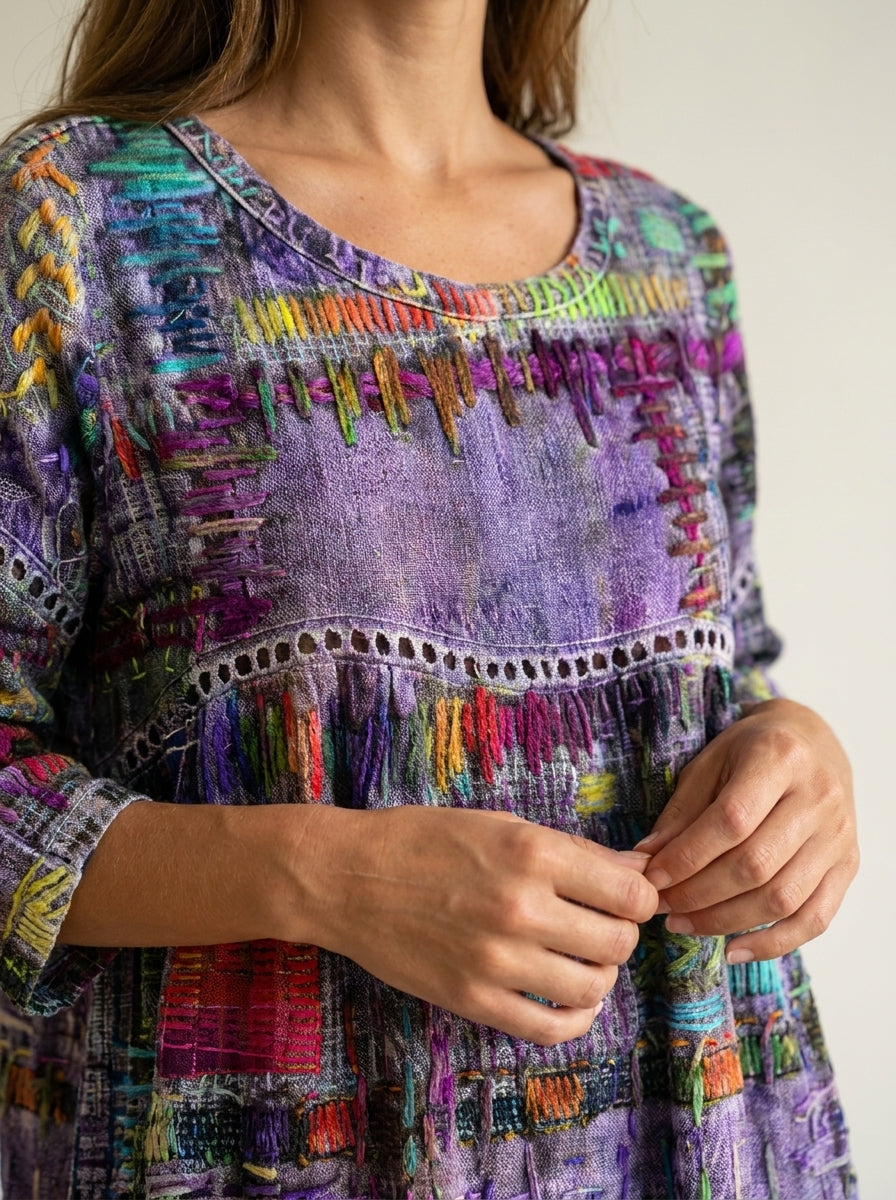 Manuela - Vestido Denim con Patchwork Étnico