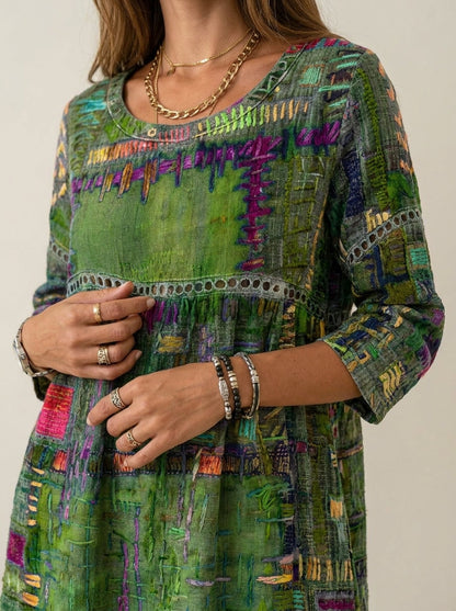 Manuela - Vestido Denim con Patchwork Étnico