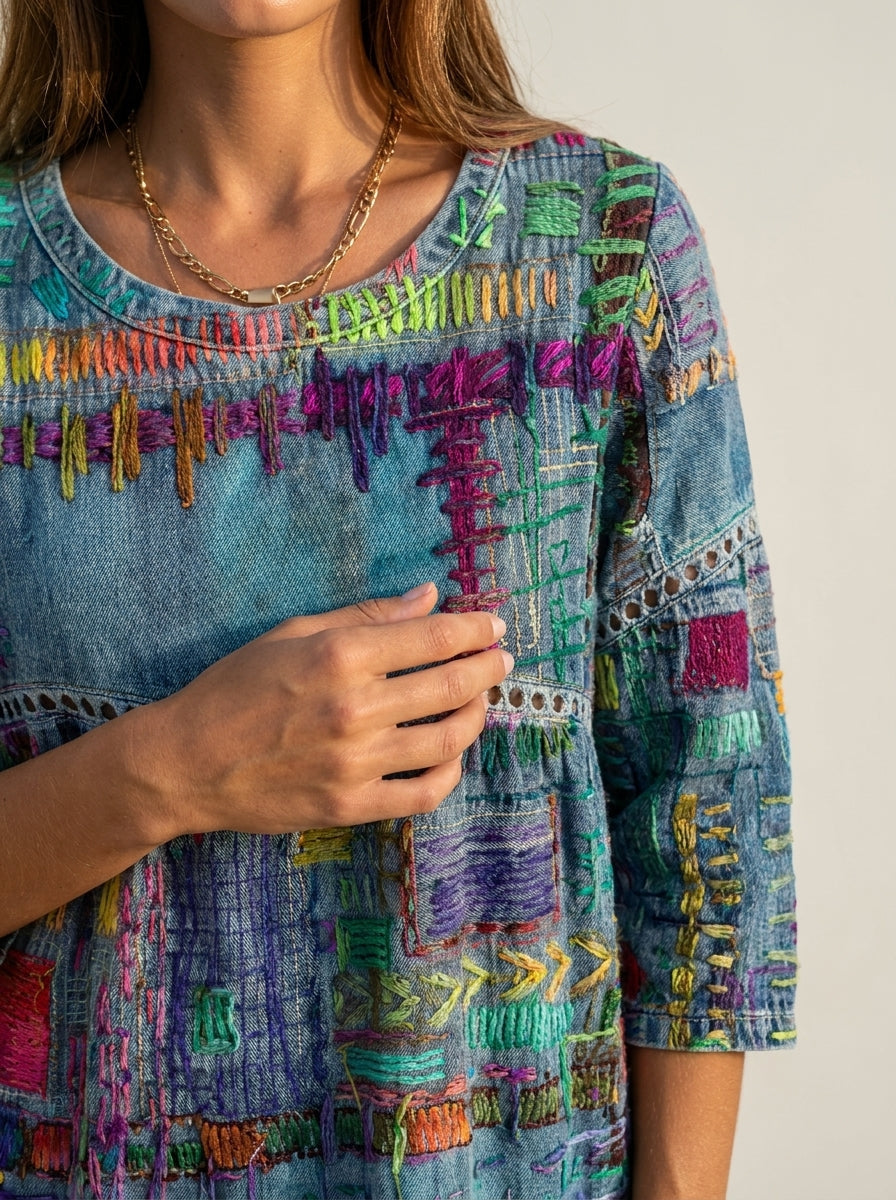 Manuela - Vestido Denim con Patchwork Étnico
