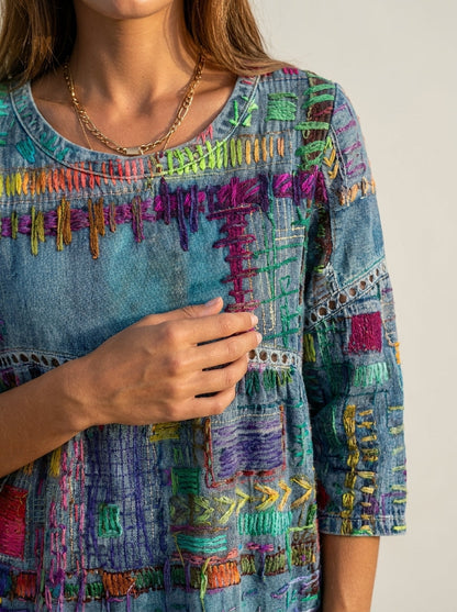 Manuela - Vestido Denim con Patchwork Étnico
