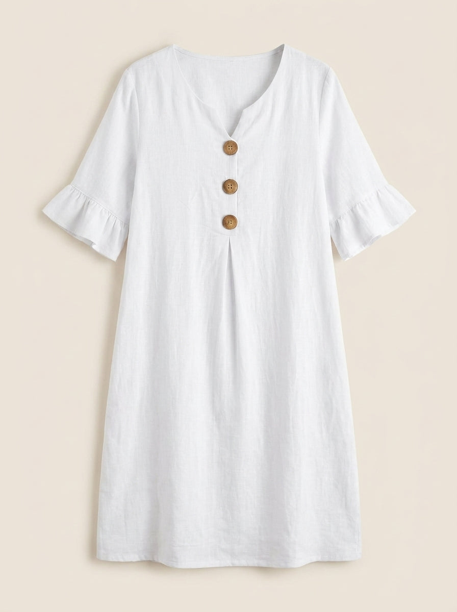 Vanesa - Vestido con Textura de Lino con Manga Abullonada y Botones